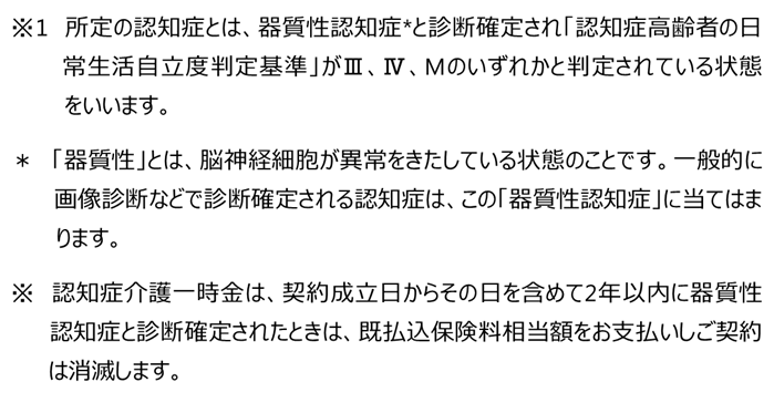※1 所定の認知症とは、器質性認知症＊と診断確定され「認知症高齢者の日常生活自立度判断基準」が3、4、Mのいずれかと判定されている状態をいいます。＊「器質性」とは、脳神経細胞が異常をきたしている状態のことです。一般的に画像診断などで診断確定される認知症は、この「器質性認知症」に当てはまります。※認知症介護一時金は、契約成立日からその日を含めて2年以内に器質性認知症と診断確定されたときは、既払込保険料相当額をお支払いしご契約は消滅します。