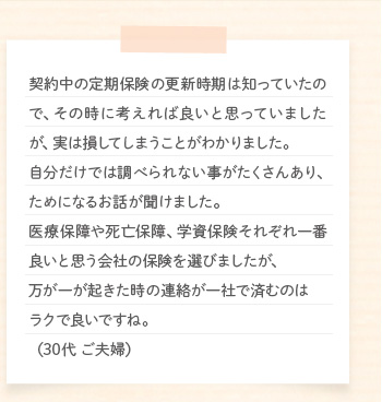 �_�񒆂̒���ی��̍X�V�����͒m���Ă����̂ŁA���̎��ɍl����Ηǂ��Ǝv���Ă��܂������A���͑����Ă��܂����Ƃ��킩��܂����B���������ł͒��ׂ��Ȃ������������񂠂�A���߂ɂȂ邨�b�������܂����B��Õۏ�⎀�S�ۏ�A�w���ی����ꂼ���ԗǂ��Ǝv����Ђ̕ی���I�т܂������A�����ꂪ�N�������̘A������Ђōςނ̂̓��N�ŗǂ��ł��ˁB�i30�� ���v�w�j