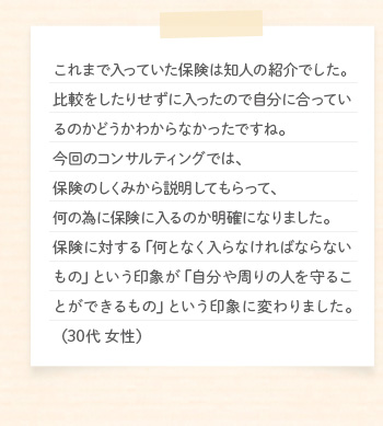 ����܂œ����Ă����ی��͒m�l�̏Љ�ł����B��r�������肹���ɓ������̂Ŏ����ɍ����Ă���̂��ǂ����킩��Ȃ������ł��ˁB����̃R���T���e�B���O�ł́A�ی��̂����݂���������Ă�����āA���ׂ̈ɕی��ɓ���̂����m�ɂȂ�܂����B�ی��ɑ΂���u���ƂȂ�����Ȃ���΂Ȃ�Ȃ����́v�Ƃ�����ۂ��u���������̐l����邱�Ƃ��ł�����́v�Ƃ�����ۂɕς��܂����B�i30�� �����j